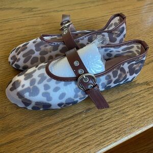 Girls Leopard Print Mary Jane Flats with Brown Trim- buckle and mesh cheetah